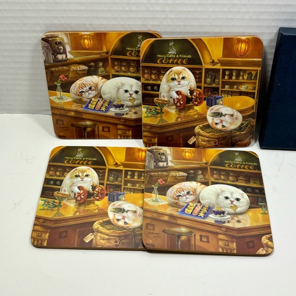 Henry Cats & Friends Cat Coaster Set Of 4 By Artist Henry Lee Coffee Cafe Cats - Picture 6 of 8